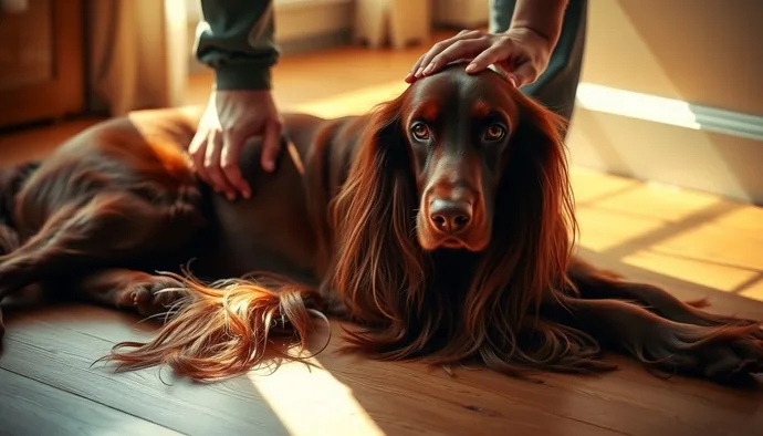 Irish Setter sahibi düz yatık tüyü fırçalıyor, bacak tüylerindeki dolaşık bölge görünüyor