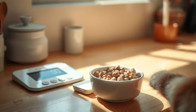 Mutfak tartısında ölçülmüş köpek mama porsiyonu