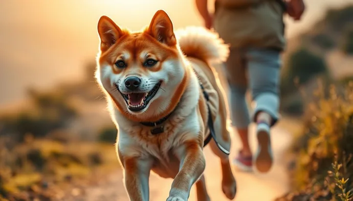 Shiba Inu sahibinden uzun bir yürüyüş sırasında koşuyor