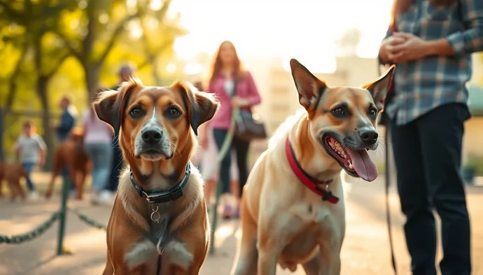 Köpek parkında sakin ve kontrollü bir köpek ile gergin bir köpeğin yan yana durduğu sahne, sahiplerin dikkatini çeken davranış ipuçlarını gösteriyor