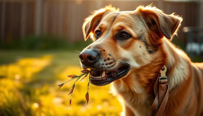 Köpeğin çim yeme davranışı sırasında toprak ve bitki kalıntıları ağız çevresinde görülüyor