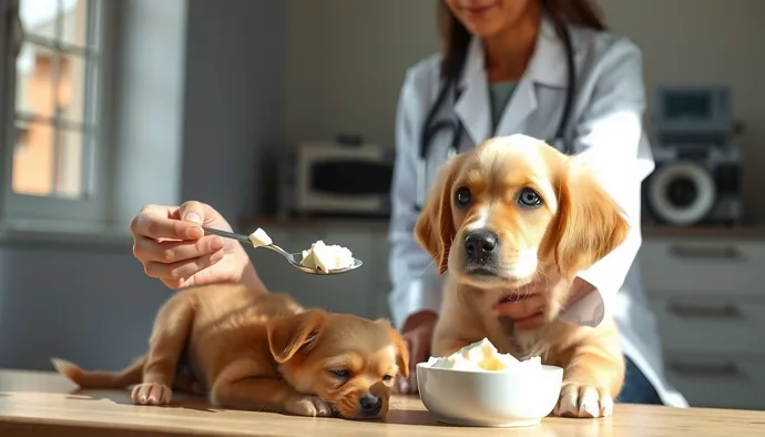 Veteriner hekim yavru köpeğe mama kabında lor peyniri kontrol ederken