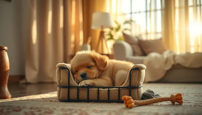 Yavru köpeğin yeni evinde ilk gecesinde güvenli bir köşeye büzüşmüş halde uyumaya çalıştığı sahne