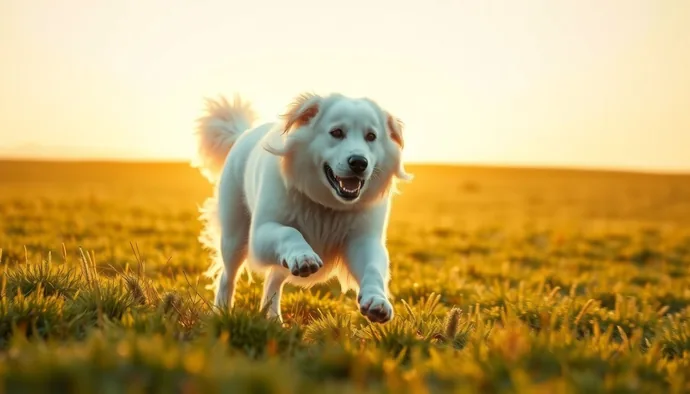 Kuvasz köpek serbest alanda koşarken, geniş çayırlık arazide aktif hareket halinde