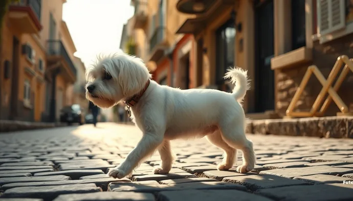 Maltese köpek tasmalı yürüyüş yaparken, pati ölçüsü ve beden oranı görünür şekilde
