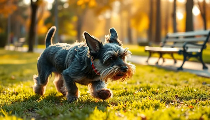 Miniature Schnauzer'un parkta iz takibi yaparken çekilmiş fotoğrafı, burun çalışmasının egzersiz programındaki önemini gösteriyor