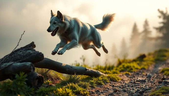 Norwegian Elkhound'un aktif doğa yürüyüşünde enerjik hareket eden görüntüsü