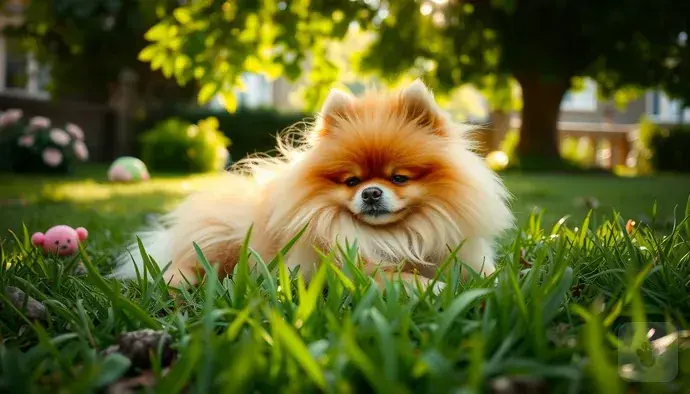 Pomeranian köpeği serin bir alanda dinleniyor
