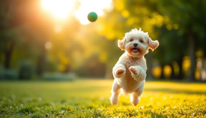 Minyatür Poodle'ın parkta interaktif oyun sırasında tüy bakımı açısından uygun koşullarda egzersiz yapması