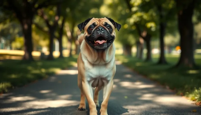 Pug'un gölgelik bir parkta serin havada kısa yürüyüş yapması, sıcak havalarda egzersiz kısıtlamasını gösteren sahne