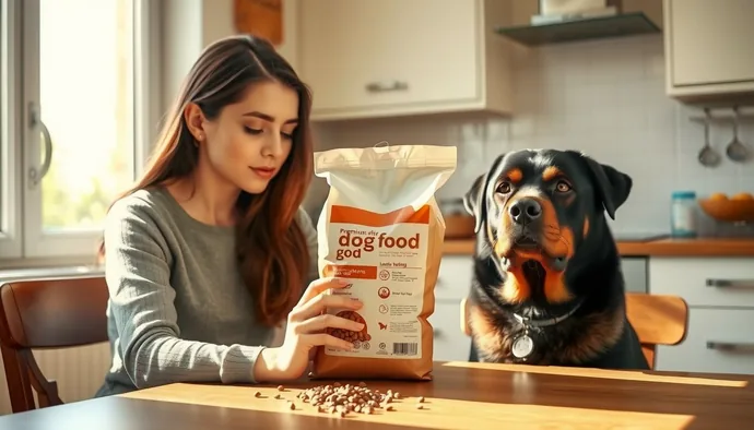 Kaliteli kuru mama torbası üzerinde etiket okuma işlemi yapan kişi
