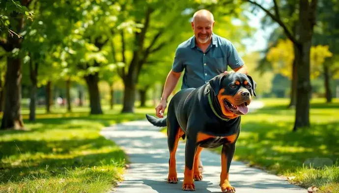 Rottweiler sahibiyle birlikte yürüyüş yaparken