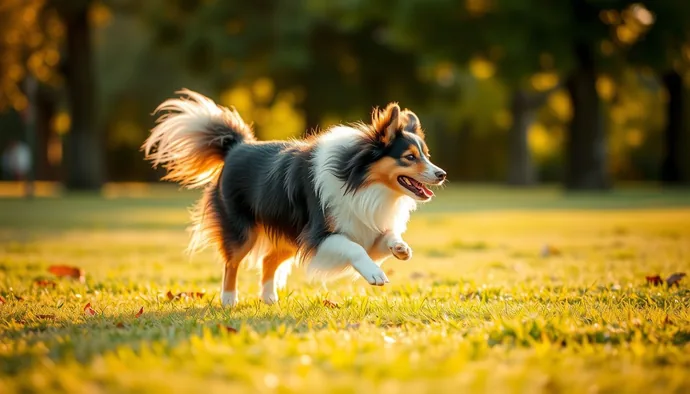 Sheltie'nin parkta koşarak günlük egzersiz ihtiyacını karşıladığı sahne