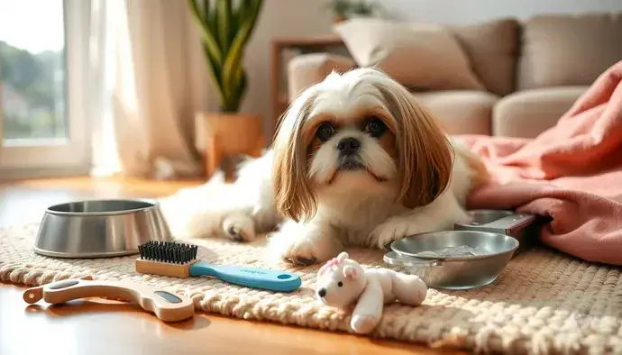 Shih Tzu köpeklerinin fiziksel özelliklerini ve bakım gereksinimlerini temsil eden bir fotoğraf