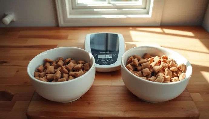 Köpeğe mama kabına eski ve yeni tahılsız mamanın tartılması