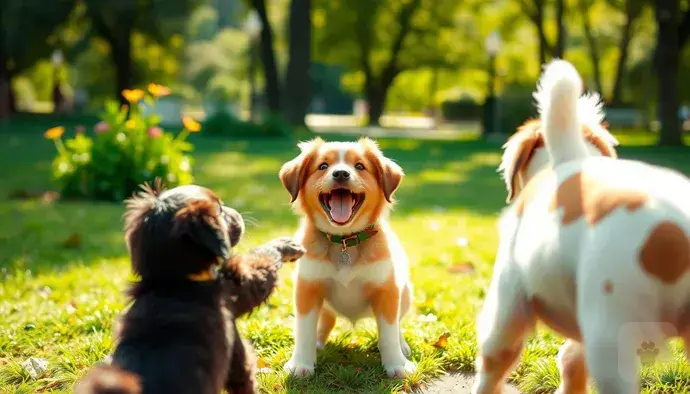 Yavru köpek parkta diğer köpeklerle oynarken