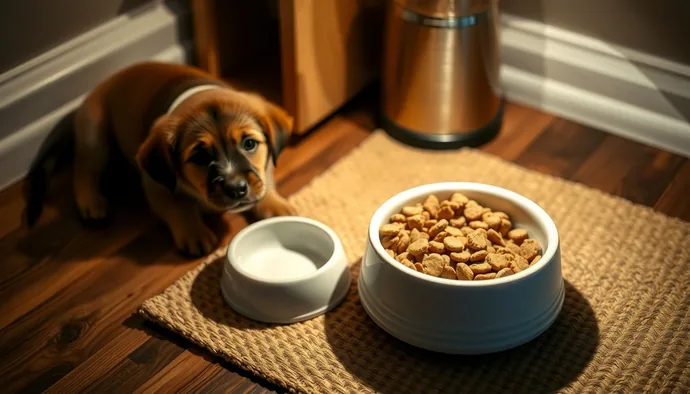 Yavru köpek gece beslenmesi için hazırlanmış mama kabı ve su kabı