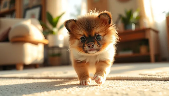 Yavru Pomeranian'ın yeni evine ilk adım attığı an, güvenli ve sakin bir ortamda