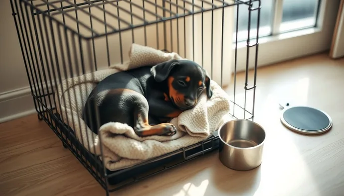 Yavru Doberman'ın ilk gecede uyku düzeni için hazırlanmış güvenli uyku alanı, yanında tuvalet pedi ve su kabı