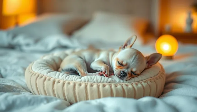 Chihuahua yavrusu yumuşak bir yatakta uyurken, gece kutusu yanında