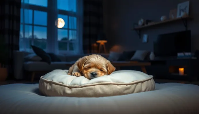Yavru köpek yeni evinde gece yatağında sakin şekilde uyurken