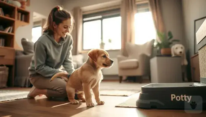 Yavru köpek tuvalet eğitimi sırasında bir köpek ve sahibi