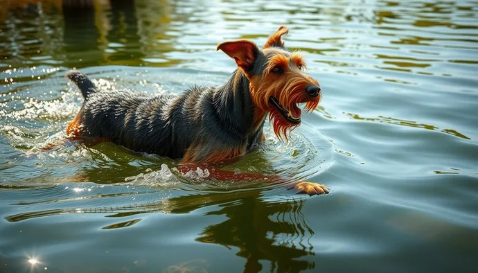 Airedale Terrier'ın yüzme egzersizi sırasında suda aktif şekilde yüzdüğü sahne