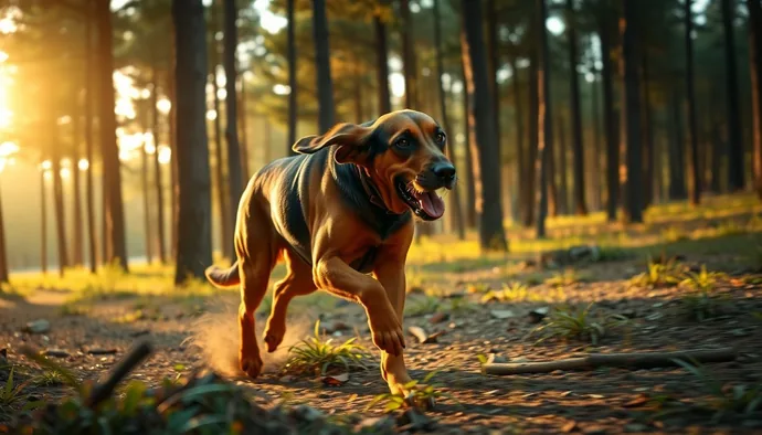 Yetişkin Bloodhound'un ormanlık alanda serbest koşma sırasında egzersiz yapması — Türkiye'deki sahipler için uygun arazi örneği