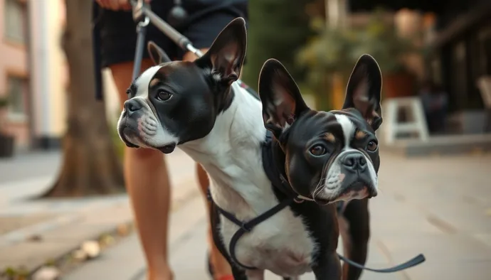 Yetişkin Boston Terrier ile kontrollü yürüyüş sırasında sahibin tasma tutuş açısını ve köpeğin enerji seviyesini gözlemlemesi