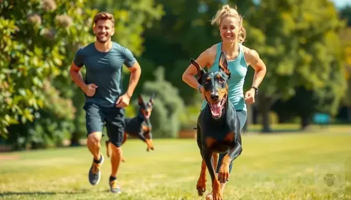 Aktif bir Doberman ve sahibi açık alanda koşarken