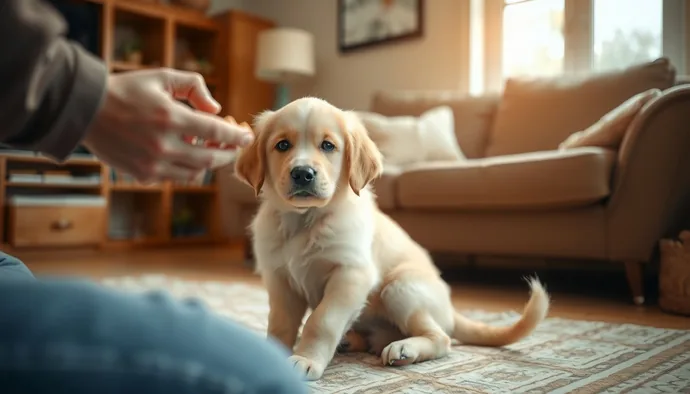 Yavru Golden Retriever otur komutunu öğrenirken sakin bir ortamda eğitim seansı