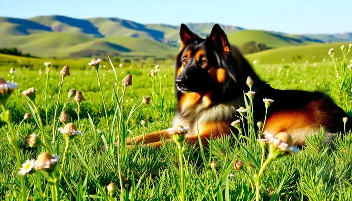 Kavkas Çoban Köpeği açık alanda dinleniyor.