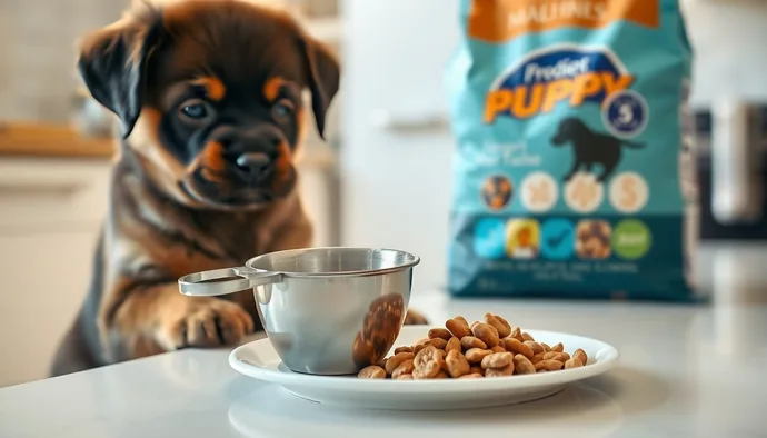 Rottweiler yavrusuna uygun büyük ırk yavru maması ile günlük porsiyon ölçümü
