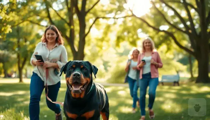 Rottweiler köpeği ile yürüyüş yapan bir aile
