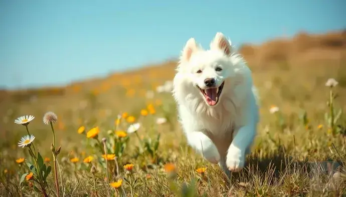 Samoyed köpeği açık alanda egzersiz yaparken