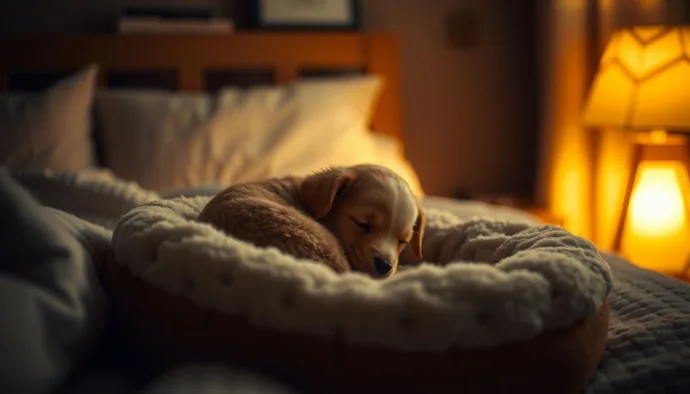 Yavru köpeğin gece boyunca huzurlu uyuması için hazırlanmış sakin bir uyku alanı