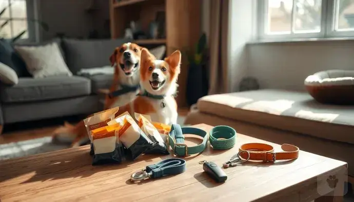 Köpek eğitim malzemeleri: ödül mamaları, tasma, gezdirme ipi ve düdük