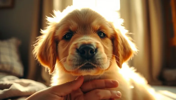 Yavru köpekte ilk yetişkin tüyü çıkışı görülen bir Golden Retriever yavrusu