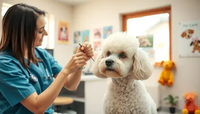 Poodle köpeğinin veteriner kontrolünde muayene edilmesi