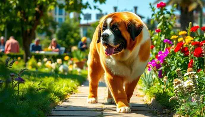Saint Bernard köpeği, geniş bahçeli bir alanda gezerken