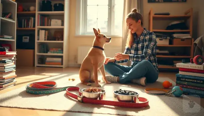 Köpek eğitimi için gerekli malzemeler: tasma, ödül maması, eğitim kitapları ve oyuncaklar