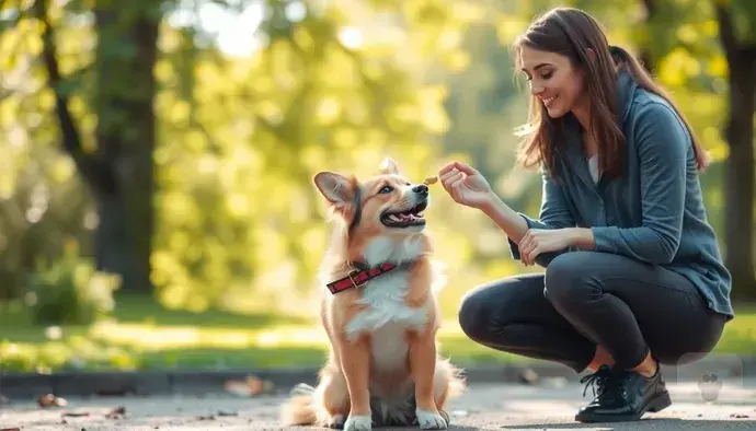 Köpek eğitimi sırasında ödül maması ile olumlu pekiştirme yapan bir kişi