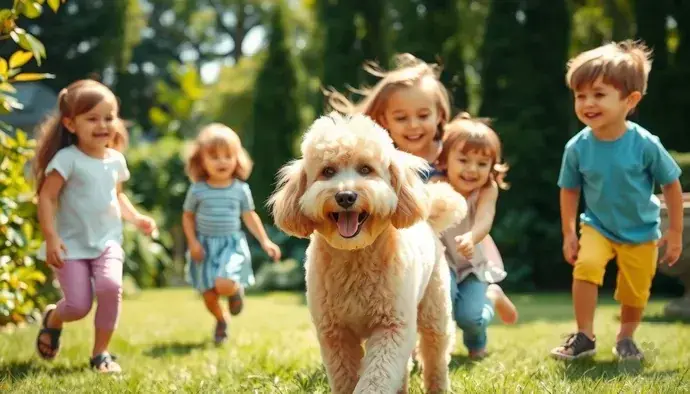 Poodle köpeği ile mutlu bir aile
